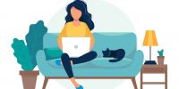 girl with laptop sitting on the chair. Freelance or studying concept. Cute illustration in flat style.