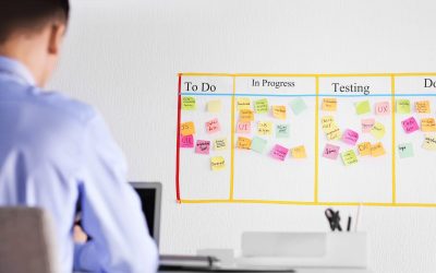 Man working in office with scrum task board on wall